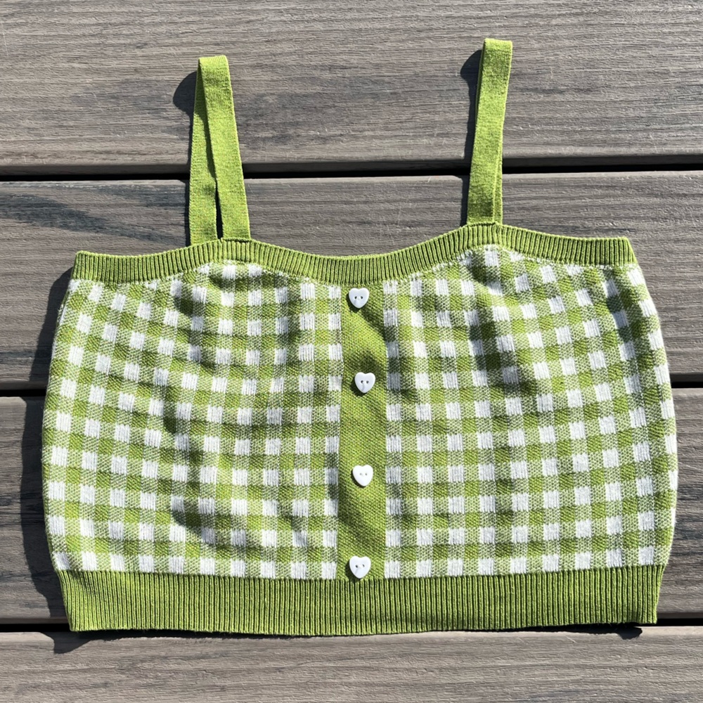 Cider; Shepard Check; Lime Green&White; Knit; Cropped Tank Top; Heart Buttons; L